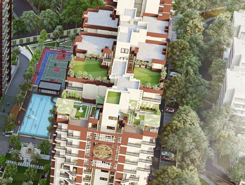 Artistic aerial impression of the project showing towers, pool and sports court