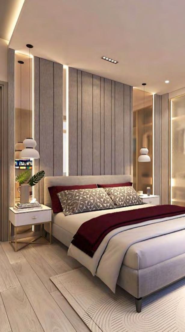 Artistic impression of a furnished bedroom with upholstered headboard
