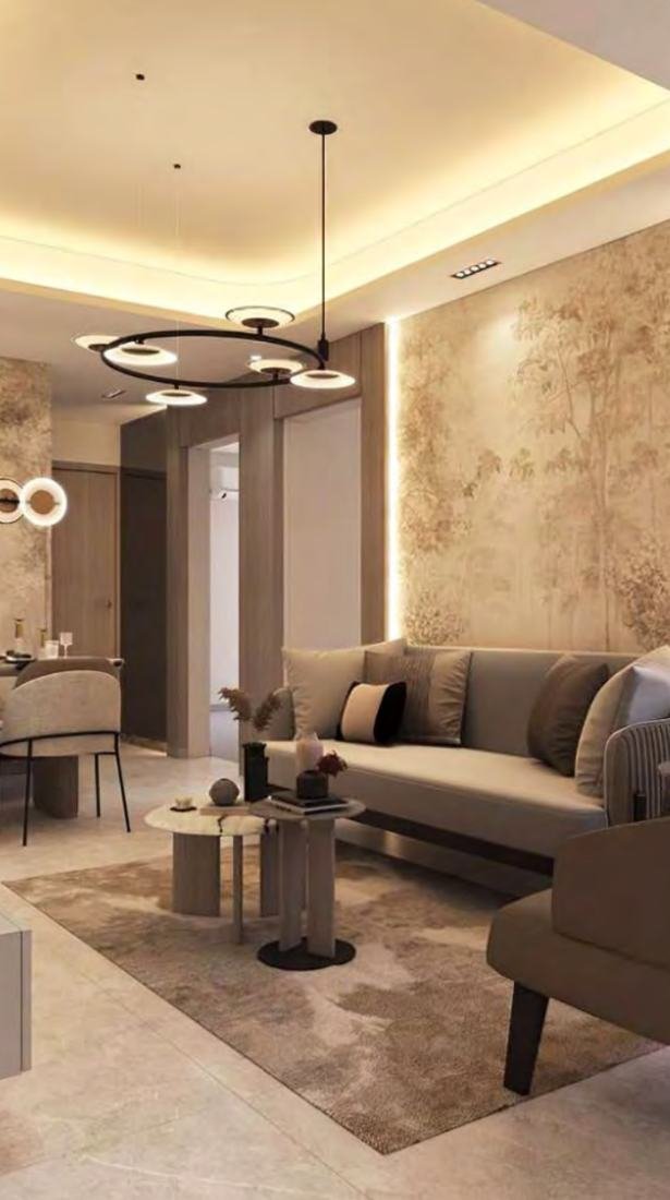 Artistic impression of a furnished living room with sofa and pendant lights