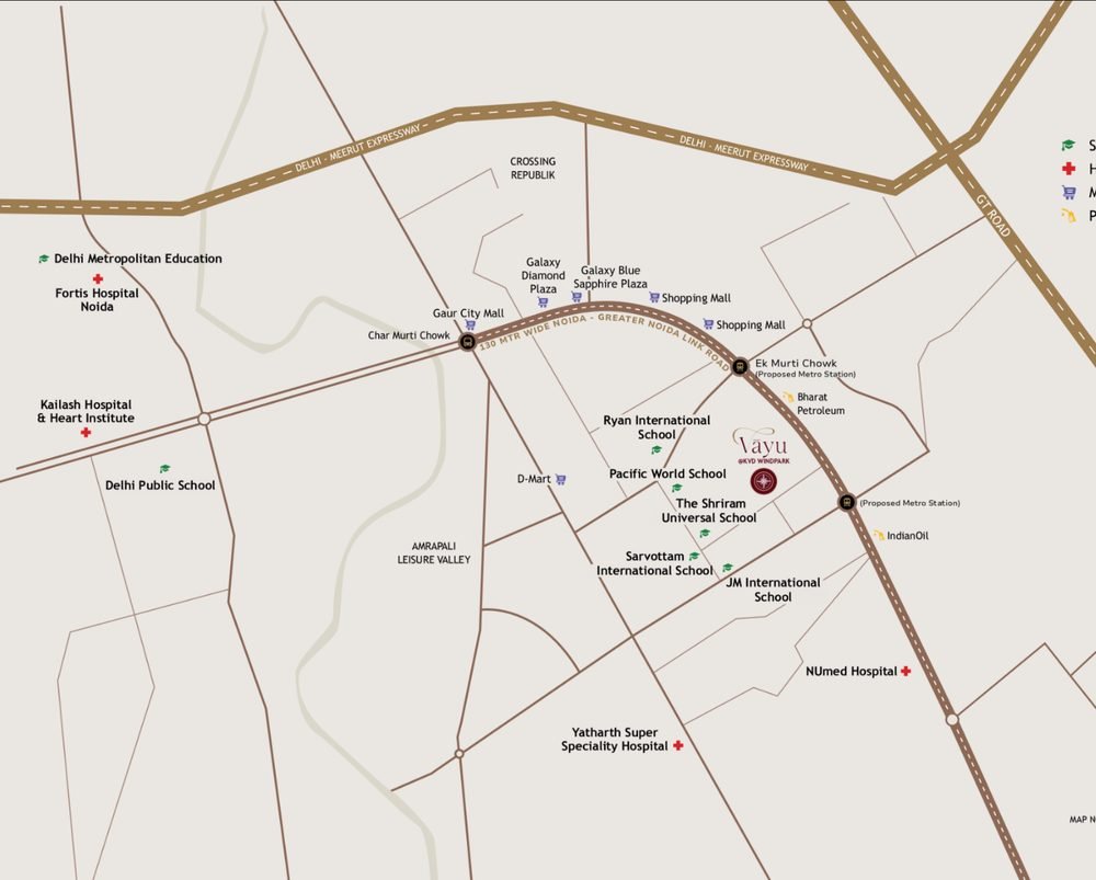 Location map from the brochure showing the project on the Noida–Greater Noida Link Road with nearby schools, hospitals and proposed metro stations