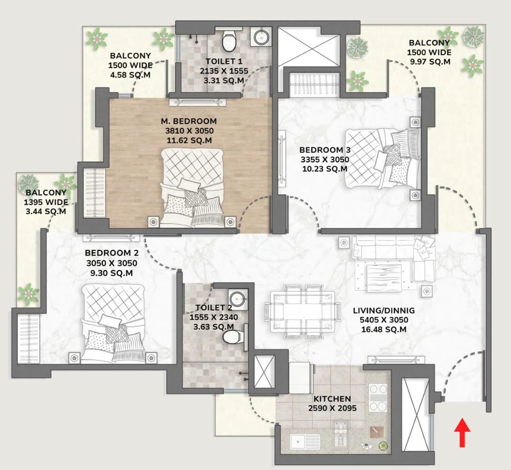 Floor plan of Tower 1 Type 1245 showing three bedrooms, two toilets, kitchen, living and dining and three balconies