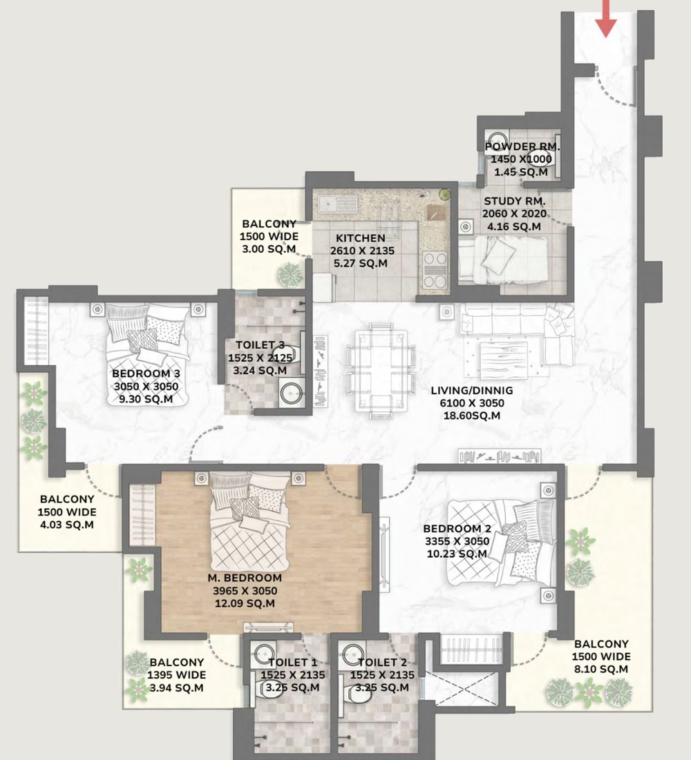 Floor plan of Tower 1 Type 1505 showing three bedrooms, three toilets, study room, powder room, kitchen, living and dining and four balconies