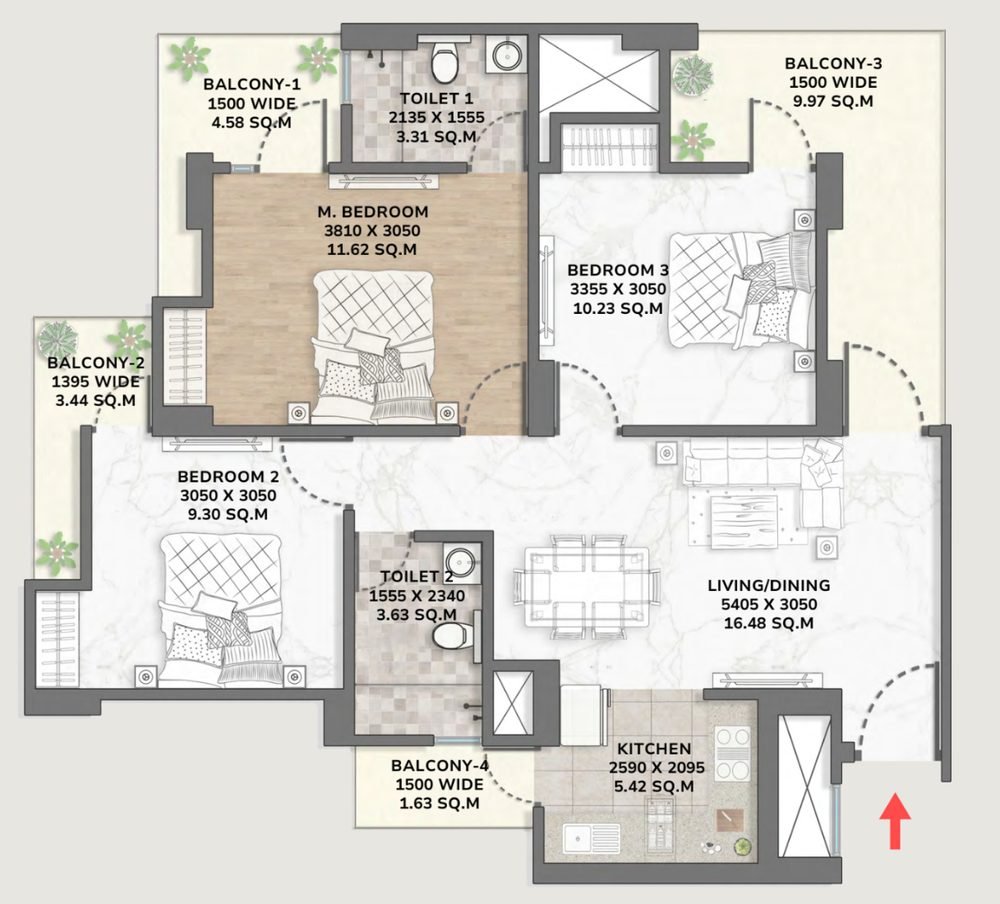 Floor plan of Towers 2 and 3 Type 1245 showing three bedrooms, two toilets, kitchen, living and dining and four balconies