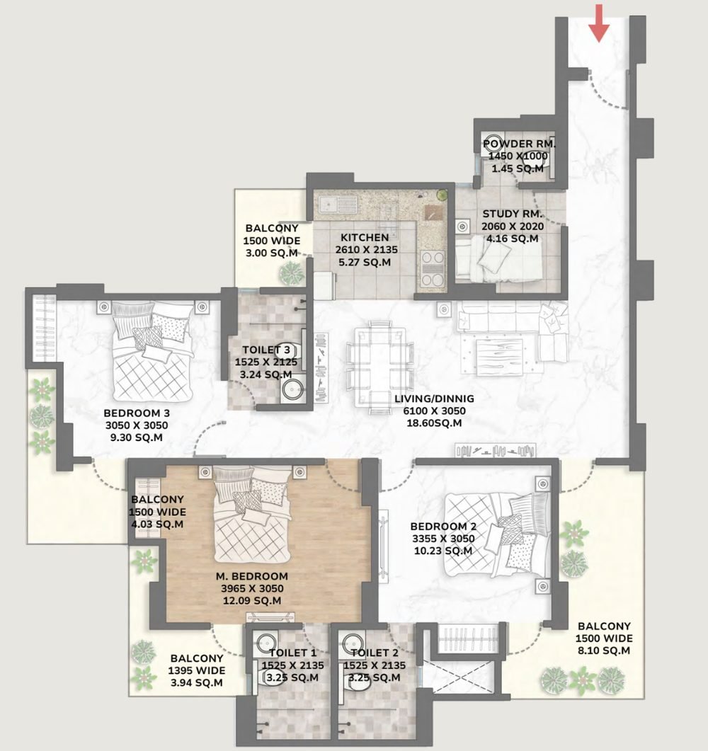 Floor plan of Towers 2 and 3 Type 1505 showing three bedrooms, three toilets, study room, powder room, kitchen, living and dining and four balconies