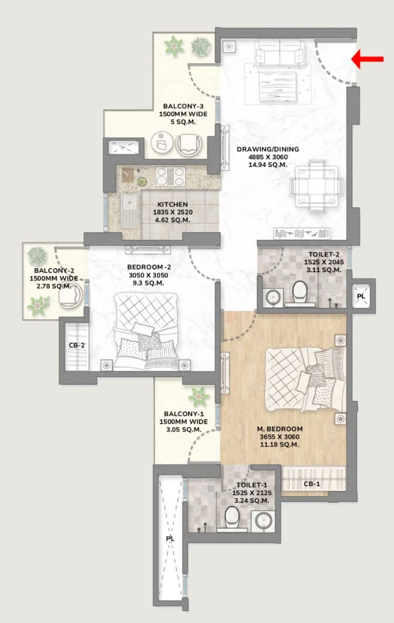 KVD Windpark floor plan, Towers 6 and 7 Type 997: two bedrooms, two toilets, kitchen, drawing and dining and three balconies