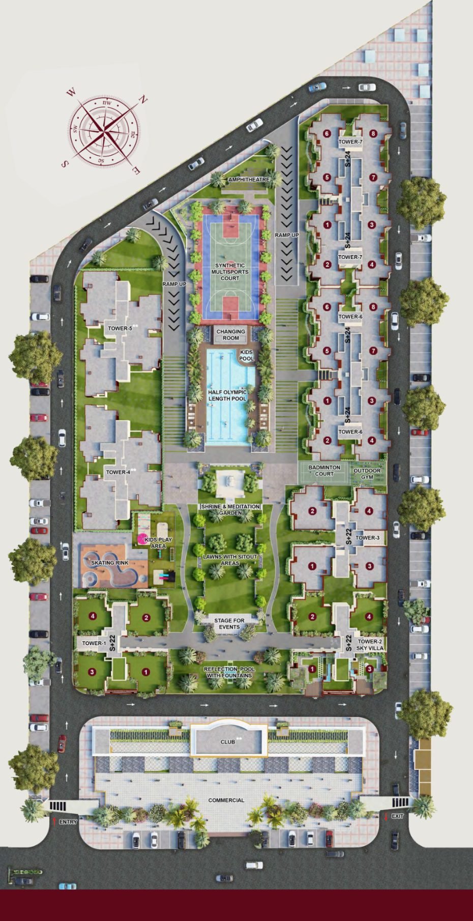 Site plan of Vāyu @ KVD Windpark showing Towers 1 to 7, the central pool, courts, lawns, shrine, club and commercial block