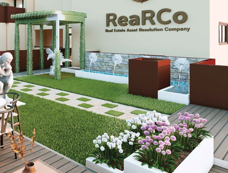 Artistic impression of the SkyVilla garden with pergola, water feature and planters