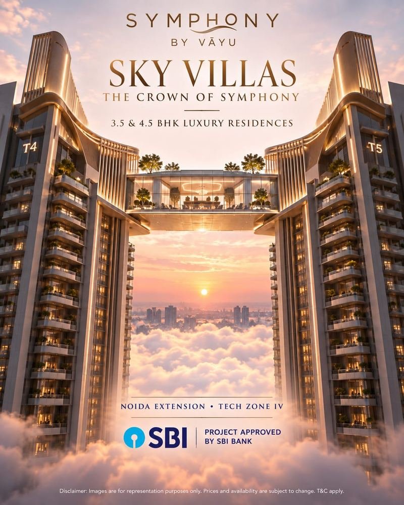 Symphony by Vāyu. Sky Villas, the crown of Symphony: 3.5 and 4.5 BHK luxury residences. Towers T4 and T5 joined by a sky bridge. Noida Extension, Tech Zone IV. Project approved by SBI Bank.