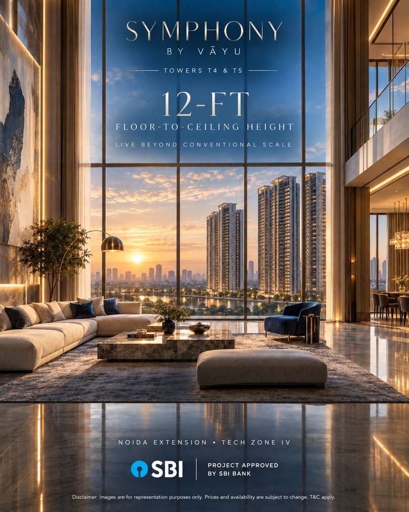 Symphony by Vāyu, Towers T4 and T5. 12-ft floor-to-ceiling height: live beyond conventional scale. Noida Extension, Tech Zone IV. Project approved by SBI Bank.