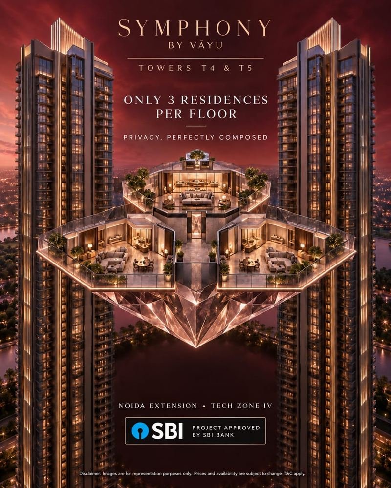 Symphony by Vāyu, Towers T4 and T5. Only 3 residences per floor: privacy, perfectly composed. Noida Extension, Tech Zone IV. Project approved by SBI Bank.